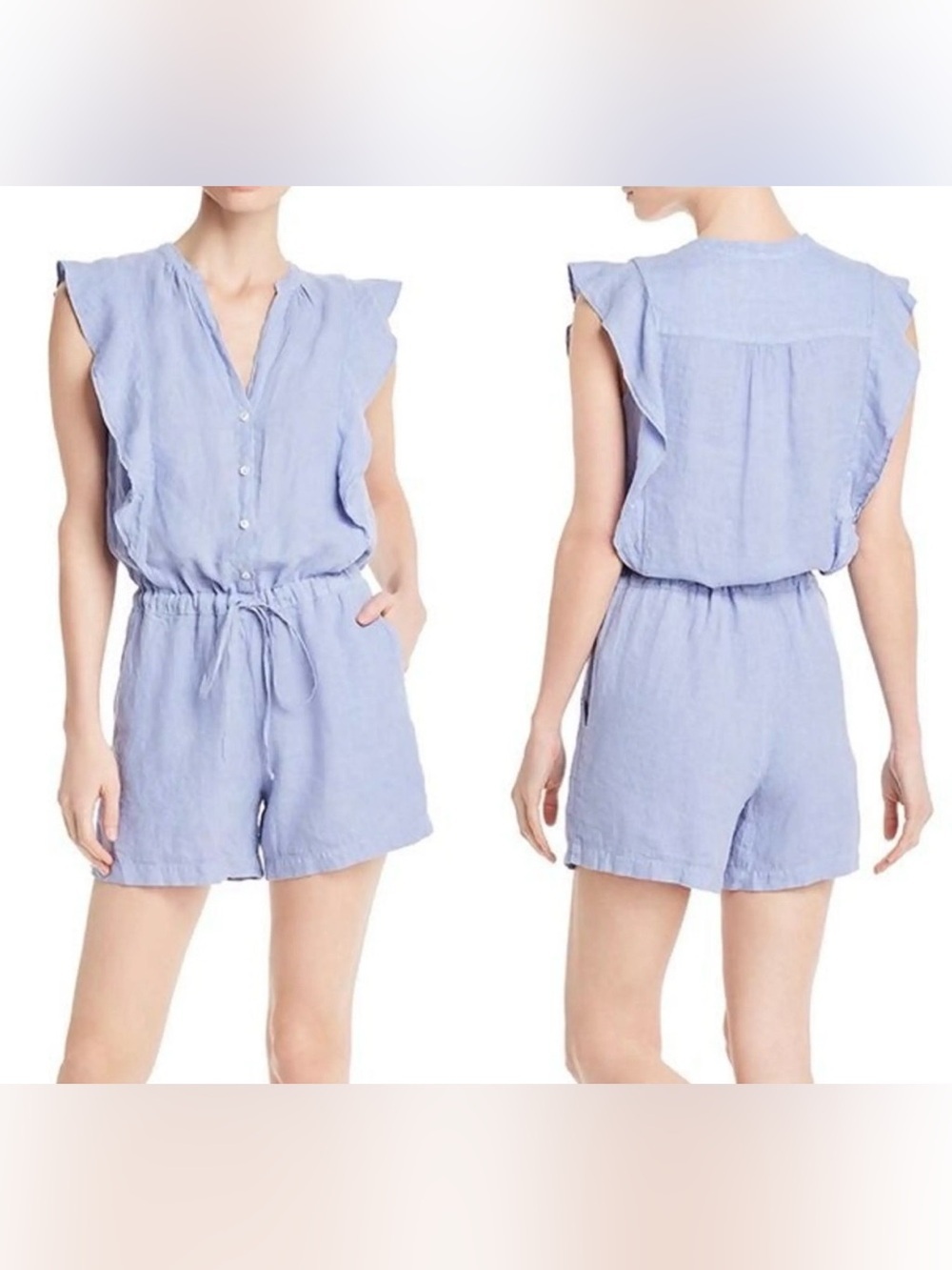 Velvet|Anthro,Blue ruffle sleeve linen button down romper w cinched waist•MED